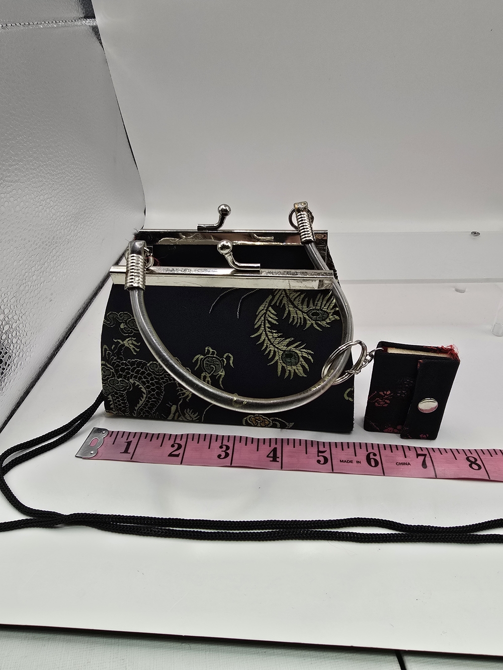Source Unknown Black Mini Frame Bag with Silver Handle and Gold Dragon Print